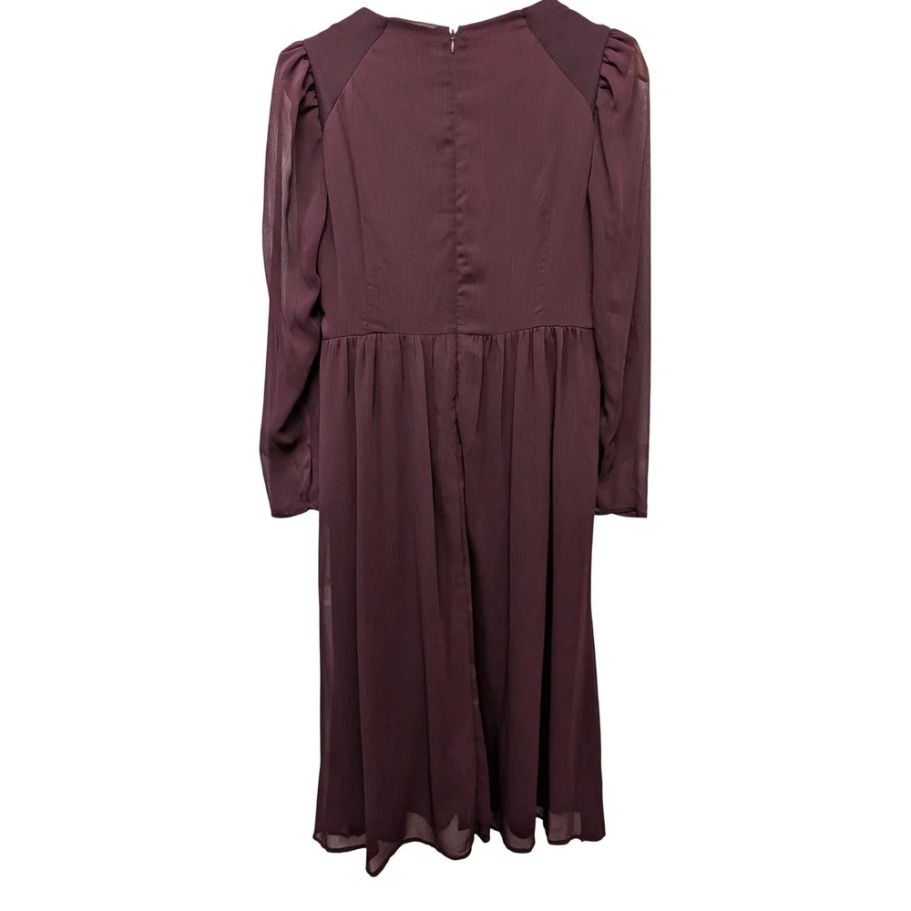 Calvin Klein Purple V-Neck Midi Dress Chiffon Mesh Long Sleeve‎ Party Wedding 14